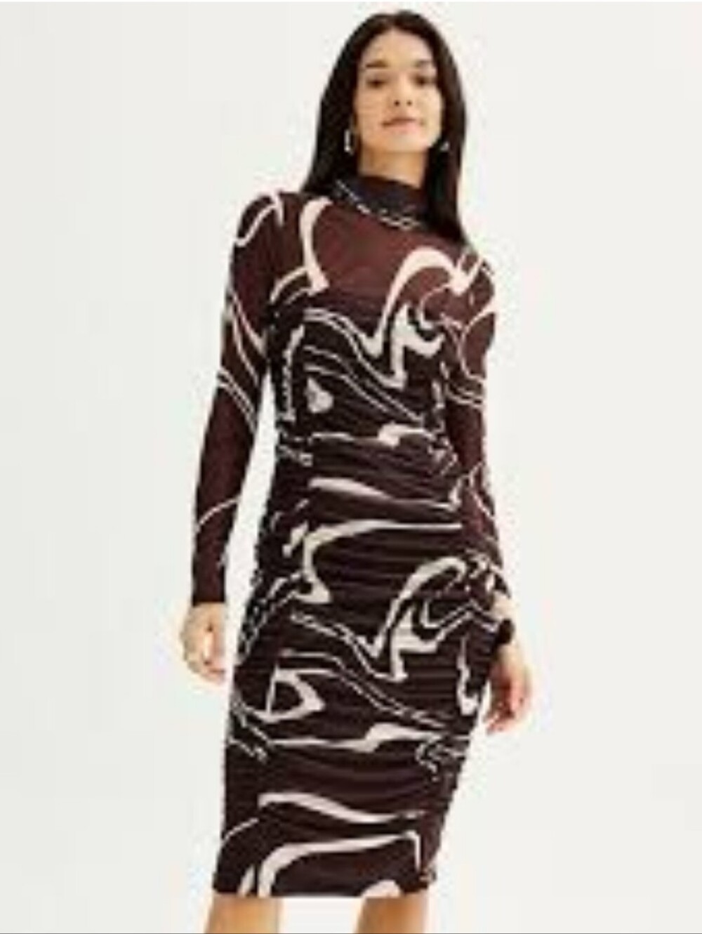 Nine West Brown & Cream Mesh Ruched Long Sleeve Dress